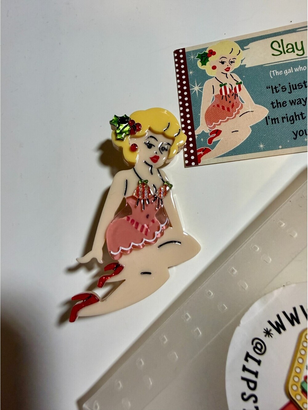 Slay Belle Brooch Lipstick & Chrome Pinup Girl Christmas Mistletoe Holiday Pin